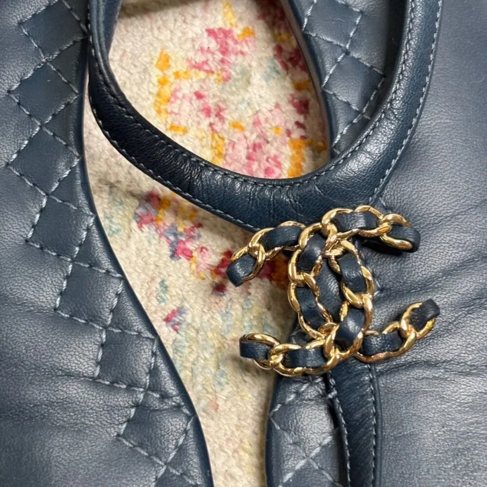 Chanel T Strap CC Chain Sandals Navy